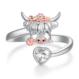 SVODEA Highland Cow Ring 925 Sterling Silver Cow Open Ring Cute Animal Cow Jewelry Gifts for Women Girls, Sterling Silver, Cubic Zirconia