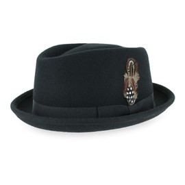 Belfry Crushable Porkpie Fedora Hat Men's Vintage Style 100% Pure Wool in Black Brown Grey Navy Pecan and Striped Band (US, Alpha, Large, Black)