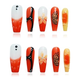 Tesytto Long Coffin Orange Press On Nails with 3D Floral Design - Summer Autumn Thick False Nails Reusable Acrylic Nails Hand-Painted Butterflies (Mango Sago,M)