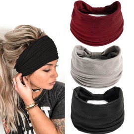 Generse Wide Headbands Black Boho Hair Band Yoga Sweatband Turban Elastic Hair Bands for Women and Girls, 3 Pieces (B)