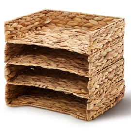 Yeaqee 4 Pcs Water Hyacinth Letter Tray Stackable Natural Woven Paper Organizer A4 File Storage Basket Letter Size Desk Documents Tray Magazine Holder for Office Paper Organizer and Storage