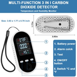 Vzmcov Portable Carbon Monoxide Detector. Mini air Quality Monitor with Lanyard Alarm, CO Gas/Humidity Sensor/Indoor/Outdoor Thermometer, Battery Powered LED Screen