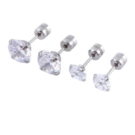 Women's Earrings, Surgical Stainless Steel, Hypoallergenic, First Earrings, Second Earrings, Screw Type, Simple, Binaural, Set of 4, Stainless Steel, Top jewel