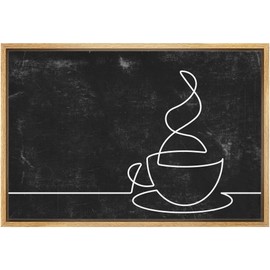 MUDECOR Framed Canvas Print Wall Art Line Art Steaming Cup of Coffee Abstract Shapes Illustrations Minimalism Contemporary Fun Dark Black and White for Living Room, Bedroom, Office - 24"x36" Natural