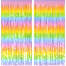 Pastel Rainbow Foil Fringe Curtain - 2 Pack Pastel Rainbow Backdrop Streamers for Kids Girls Birthday/Classroom Decor/Unicorn/Princess/Christmas Party Decorations - 1m X 2.45m