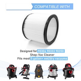 CERO 90304 Replacement Filter for Shop Vac 90304, 90350, 90333, 90585, 5 Gallon and Above Wet/Dry Vacuum Cleaners (2 Replacement Filter+2 Lids+4 Foam Sleeve Filters)