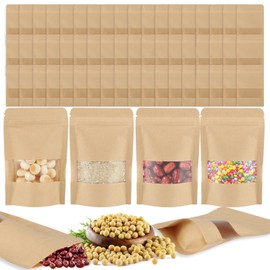 lahnao 60 Pcs Kraft Paper Bags With Window, 9 x 14 x 3cm Vertical Kraft Sealable Pouches, Reusable Sealable Brown Bags, Suitable for Packing Candies, Nuts, Coffee Beans