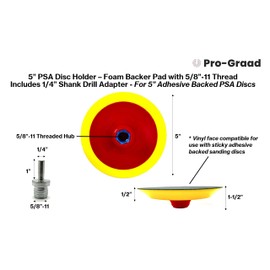 Pro-Graad 5” PSA Disc Pad Holder, Durable Foam Backing Pad, 5/8”-11 Thread, for 5 inch Adhesive-Backed PSA Discs