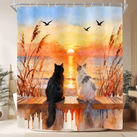 Beach Ocean Funny Cute Cat Fall Sunset Sea Bathroom Shower Curtain Set