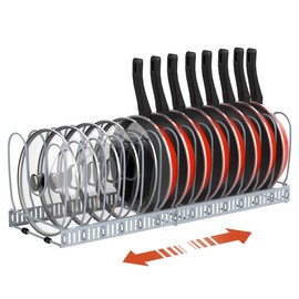 Housolution Pot and Pan Organizer Rack for Cabinet, Upgraded Expandable Pot Lid Organizer with 14 Adjustable Dividers, Pan Holder Storage Rack for Kitchen Cabinet, Grey