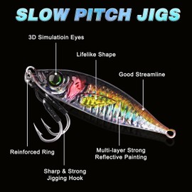 Slow Pitch Jigs Saltwater Fishing Jigging Lures Glow Vertical Metal Jigs with Assist Hooks Butterfly Jigs 3D Printing Offshore Deep Sea Ocean Fishing Pitching Lures for Tuna Kingfish Bluefin