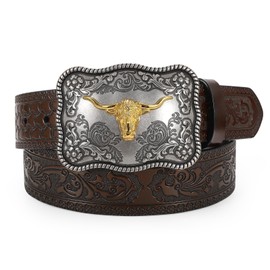 TRIWORKS Western Leather Buckle Belt for Men Women Cowboy Cowgirl Leather Belt for Jeans Pants,C-Coffee