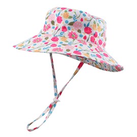 PEECABE Baby Sun Hat Summer Sun Protection Toddler Bucket Hat Wide Brim Adjustable Chin-Strap Beach Cap (CA/US, Age, 0 Months, 6 Months, Red Flower)