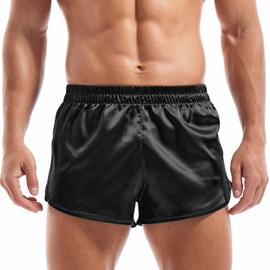 AMY COULEE Mens Satin Shorts Silk Boxers Sexy Split Side Lounge Shorts 3 Inch Pajama Bottoms (L, Black)