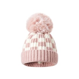 vchoohce Toddler Kids Baby Beanie Hat Knitted Thick Winter Caps Cute Checkerboard Pompom Hats for Girls Boys 1-4 Years Old (Plaid-Pink,1-4 Years)
