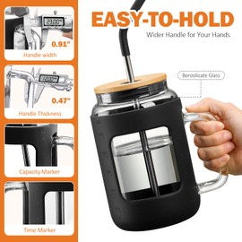 Glass Tumbler with Bamboo Lid and Straw, 40 oz Glass Water Bottles with Time Marker, Iced Coffee Cup with Handle, Glass Cups with Silicone Protective Sleeve BPA Free-Black