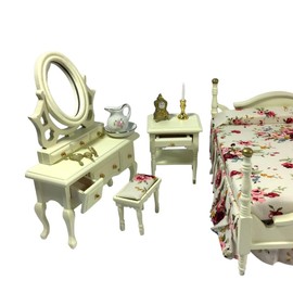 Dolls House Miniature Bedroom Set with 12 Pieces, Double Bed, Wardrobe, Dressing Table, Stool, Bedside Tables, Candlesticks, Umbrella, Picture, Clock, Jug, Chamber Pot | Minimum World