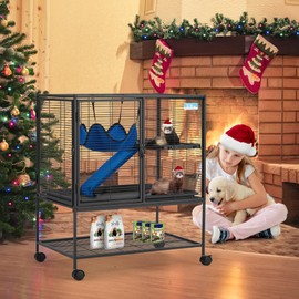 HABUTWAY 36.5''H Large Metal Rolling Ferrets Cage, 2-Tiers Small Animal Cages, Cage for Rats/Chinchillas, 0.5'' Bar Spacing for Ferret,Small Animal Cage w/Removable Ramp & Platform