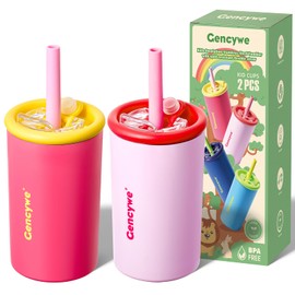 Gencywe Kids Stainless Steel Cups with Straws and lids | 12 oz Spill-Proof Sippy Smoothie Tumbler Set, Small Kids Snack & Drink Water Cups, BPA-Free, Dishwasher Safe, with Box