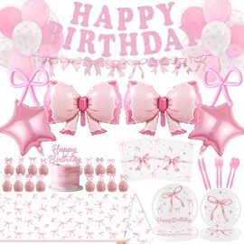 136 Pcs Pink Bow Birthday Decorations, Pink Bow Plates and Napkins Coquette Happy Birthday Banner and Tablecloth Decorations for Girls Women