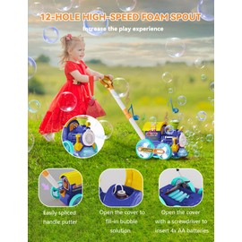 Bubble Machine,Bubble Blower Maker,Bubble Lawn Mower for Toddlers,Bubble Music Train with Light,Summer Outdoor Push Backyard Toys for 1-8 ages,Christmas Birthday Gifts for Preschool Boys Girls (Blue)