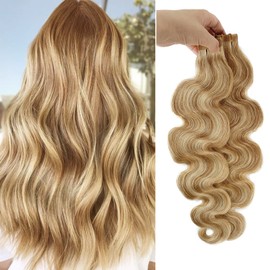 Body Wave Highlights Balayage Tape in Hair Extensions Ombre Honey Blonde to Bleach Blonde Tape ins Extensions 100% Remy Human Hair 22 Inch Wavy 60grams/20pcs Seamless Soft Silky Weft