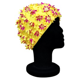 CHEX Ladies Rose Elasticated Swimming Hat Decorated Multicolour Floral Detailing Retro Style Swim Cap One Size Adults Soft And Easy Pull On (Yellow)