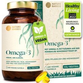 Nature Basics Omega 3 Algae Oil, 120 Capsules, Vegan, DHA & EPA | 4 months supply, 1 capsule daily, made from sustainable micro-algae, without fish oil, laboratory tested
