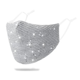 Sparkly Sequins Mouth Masc Fashion Designer Glitter Cotton Face Cover With Adjustable Ear Loops Reusable Masquerade Party Nightclub Rave Festival Sequins Face Covering (Silver)