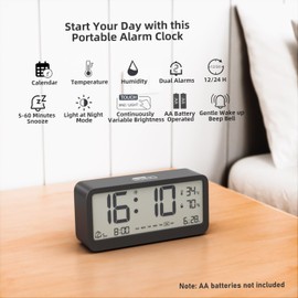 PASIVOLE Digitaler Wecker mit Batteriebetrieb und Kalender | Temperatur | Luftfeuchtigkeit | LCD Display | 2 Weckzeiten | Schlummerfunktion Kleine Tischuhr