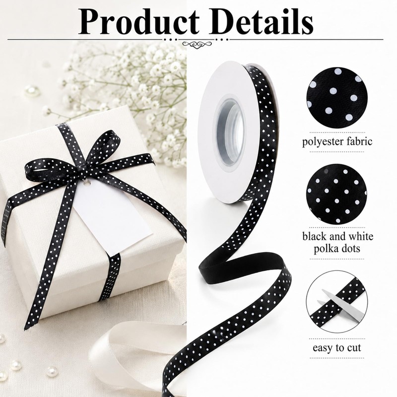 Polka Dot Ribbon 3/8 Inch 25 Yards Black and White