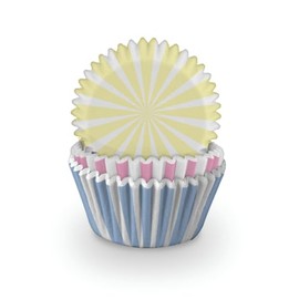 Anniversary House Pack of 75 Stripe Cupcake Cases for Spring Baking, Baking Cups in Heavy Duty Greaseproof Paper, Pink, Yellow and Blue, J245, 12 cm x 12 cm x 12 cm