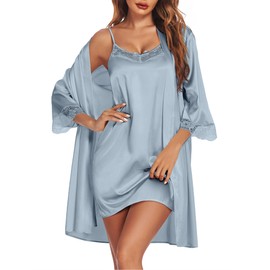 Ekouaer Sleepwear Women's Satin Nightgown with Robes Set 2 Piece Sexy Lace Cami Nightwear Bridal Robes Light Blue L