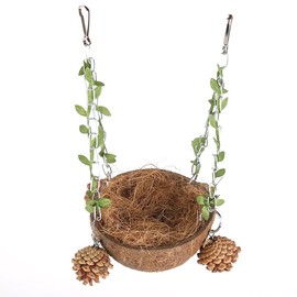Natural Coconut Shell Bird Nest with Coconut Fiber Pad, Bird Breeding Nest Hanging Birdhouse for Cage Parrot Parakeet Lovebird Finch Canary Bed