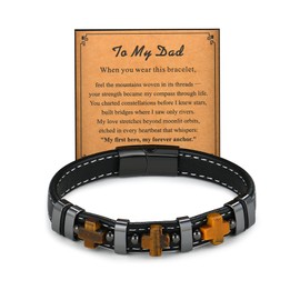 Fahonie Cross Bracelet for Men Tiger Eye Religious Christian Bracelet & Black Agate Healing Anxiety Stainless Steel Cross Bracelets Cool Hip Hop Jewelry for Male Coworkers, Cubic Zirconia