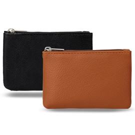2 Pack Coin Purse, Portable PU Leather Coin Purse with Zipper Coin Purse Mini Change Purse Small Coin Purse for Women Credit Card Folded Bills ID Key(Black&Light Brown)