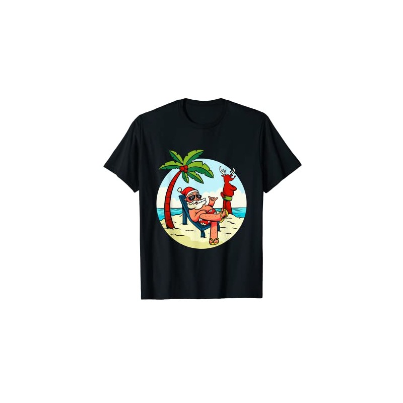 Santa Claus Reindeer Beach Swimming Trunks Palm Trees Christmas T-Shirt,