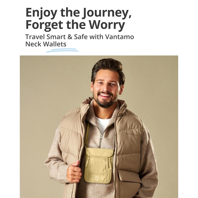 Vantamo Premium RFID Protected Travel Neck Wallet, Khaki, Fits Passport