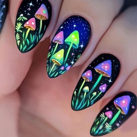 Almond Press on Nails Medium Length Fake Nails Colorful Mushrooms Glue on Nails Black Starry Sky False Nails with Designs Glossy Acrylic Nail Stick on Nails for Women Girls 24PCS