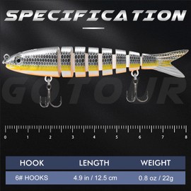 GOTOUR Fishing Lures, Full-Size Multi Jointed Swimbait, Slow Sinking Segmented Bass Fishing Lure, Swimming Fishing Lure Freshwater or Saltwater, Perch Pike Walleye striped Bass Lures, Fishing Bait Kit