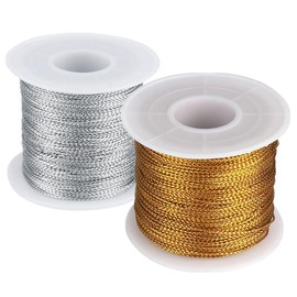 Bkrdty Thread Cord 2 Rolls, 0.4mm x 50m each, Gold and Silver, Polyester Metallic String for DIY Craft, Jewelry Making, Christmas Decoration, Gift Wrapping
