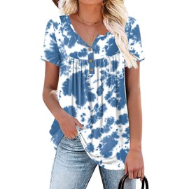 POPYOUNG Women Tunic for Leggings Ladies Henley Shirts Short Sleeve Tops Summer Blouse L, Colorful Blue
