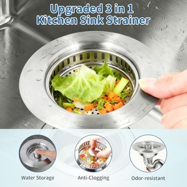 The Ultimate Kitchen Sink Solution: 3-in-1 Drain Strainer & Stopper. 304 Stainless Steel, Anti-Clogging, Anti-Odor for US Standard Drains. Easy Clean! (2)