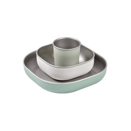Juego de comida de acero inoxidable BEABA | Apto para microondas y horno | Platos, tazones y taza para bebé con funda de silicona antideslizante | Platos infantiles no tóxicos, verde salvia