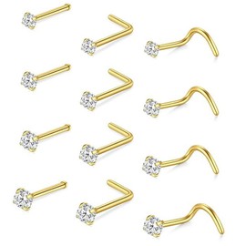 Reaindeer 14k Gold Filled Nose Studs 316l Surgical Steel Gold Nose Rings Studs,For Women Men Silver Cubic Zirconia Imitation Diamond 1.5mm 2mm 2.5mm 3mm