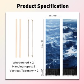 PLIGREAT 2 Pack Ocean Sea Long Tapestry Blue Narrow Vertical Hanging with Tassels Oil Painting Ocean Wall Tapestry for Bedroom Bathroom Living Room Long Wall Hanging Home Art Decor Housewarming Gift