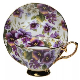 Grace Teaware Purple Pansy Gold  Fine Bone China Coffee/ Tea Cup and Saucer