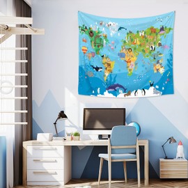 Animals World Map Tapestry Wall Hanging, World Map With Wild Animals And Birds Tapestries for Bedroom For Children Kids Home Decor Multi Color