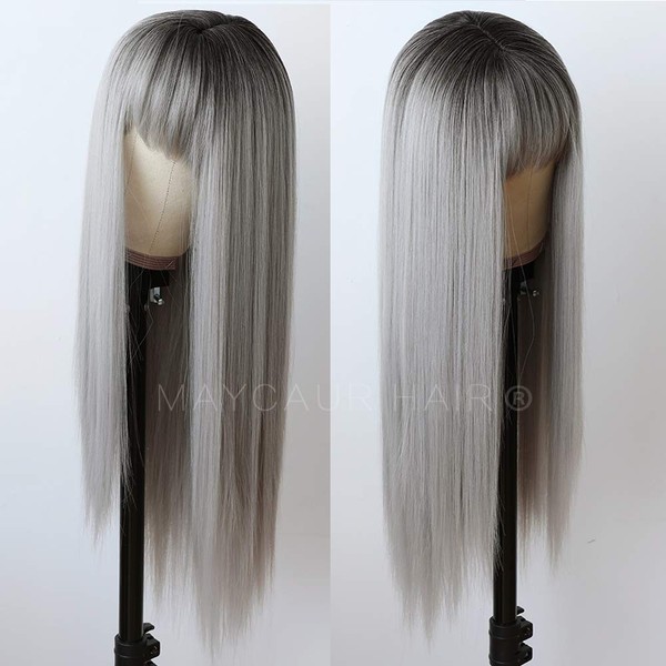 Maycaur Grey Color Synthetic Hair Wigs with Full Bangs Black Gray Ombre Color Long Straight Women's Wig Heat Resistant Hair Synthetic No Lace Wigs for Fashion Women