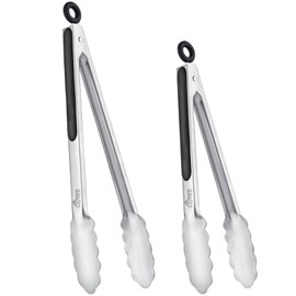 Hotec Stainless Steel Kitchen Tongs Set of 2 - 9" and 12", Locking Metal Food Tongs Non-Slip Grip